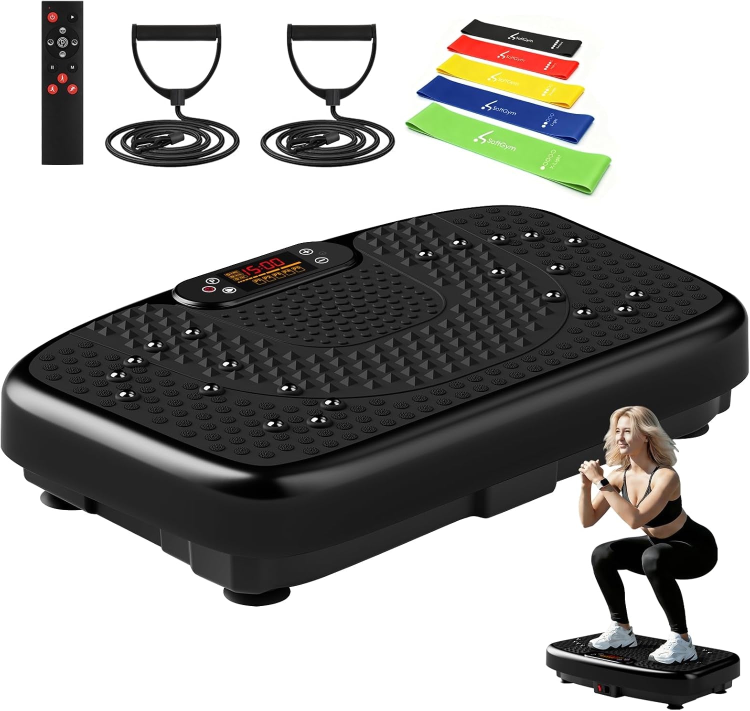 Softgym Vibration Plate Exercise Machine for Lymphatic Drainage,Power Vibrate Stand Shake Board 450 Lbs Capacity Whole Body Workout Waver with Fitness Resistance Bands Weight Loss Gifts for Women Men