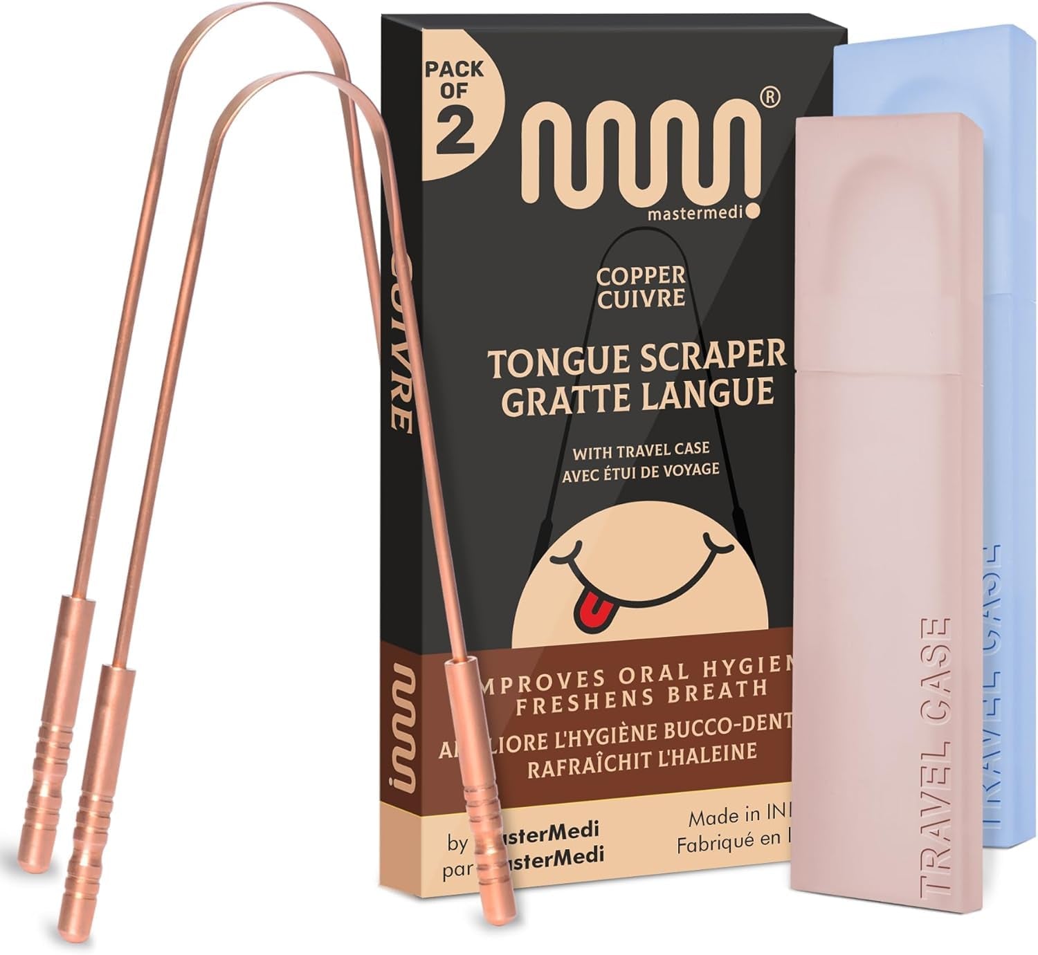 Mastermedi Tongue Scraper for Adults with Multicolor Travel Cases (2 Pack), 100% Stainless Steel, Reduce Bad Breath, Tongue Scrubber, Easy to Use, Tongue Cleaner for Oral Care & Hygiene