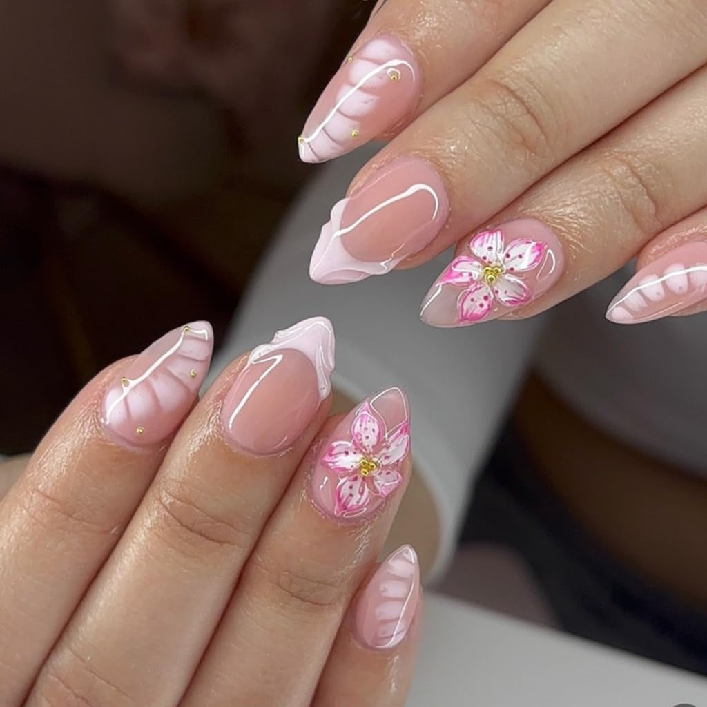 CTTHNBD Press on Nails Almond - French Tip Fake Nails with Gold Line Design - Medium Fasle Nails Press Ons - for Women 24 Pcs