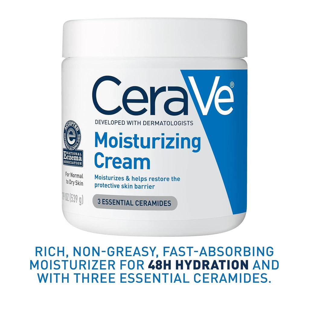 Cerave Moisturizing Cream, Body and Face Moisturizer for Dry Skin, Body Cream with Hyaluronic Acid and Ceramides, Daily Moisturizer, Oil-Free, Fragrance Free, Non-Comedogenic, 19 Ounce