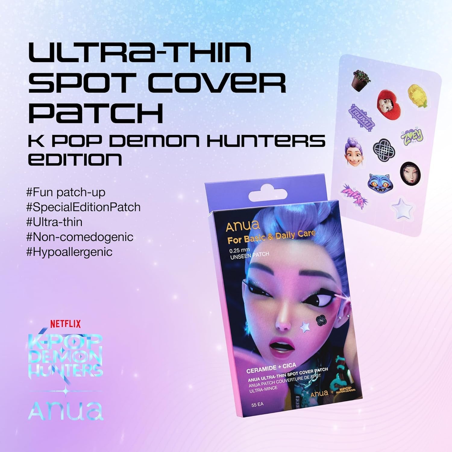 Anua Ultra-Thin Spot Cover Patch, Invisible Hydrocolloid Acne Patch for Face, Cute Pimple Patches, Centella Care for Sensitive Skin, Kpop Demon Hunters, Korean Skincare, 55Ea