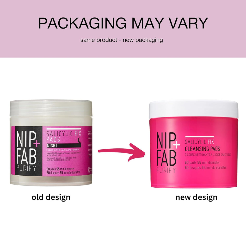 Nip + Fab Salicyclic Fix Night Pads for Face with Hyaluronic Acid, Exfoliating Facial Pad BHA Exfoliant for Skin Hydration Acne Breakouts and Blemishes, 60 Pads, 2.7 Ounce