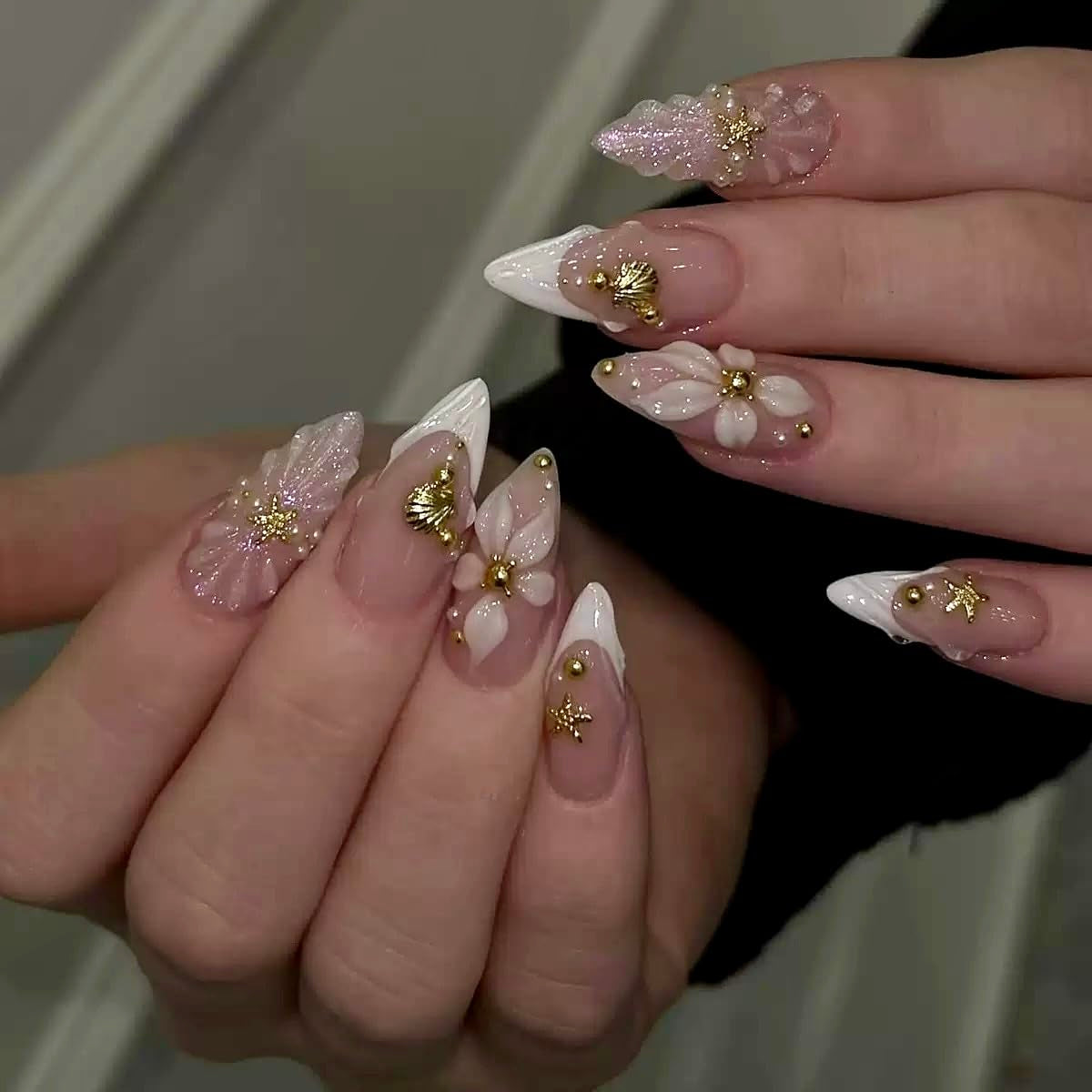 CTTHNBD Press on Nails Almond - French Tip Fake Nails with Gold Line Design - Medium Fasle Nails Press Ons - for Women 24 Pcs