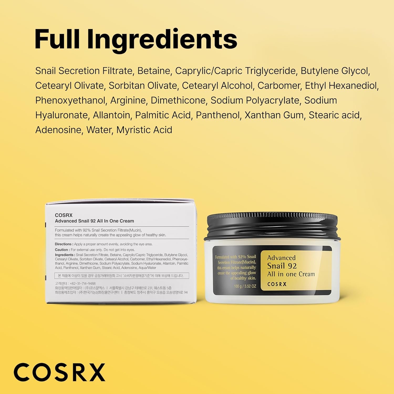 COSRX Snail Mucin 92% Face Moisturizer, 3.52 Oz, Lightweight Moisturing Cream for Soft, Glowy Skin, Korean Skin Care, Korean Moisturizer Face Cream, Mothers Day Gifts for Mom