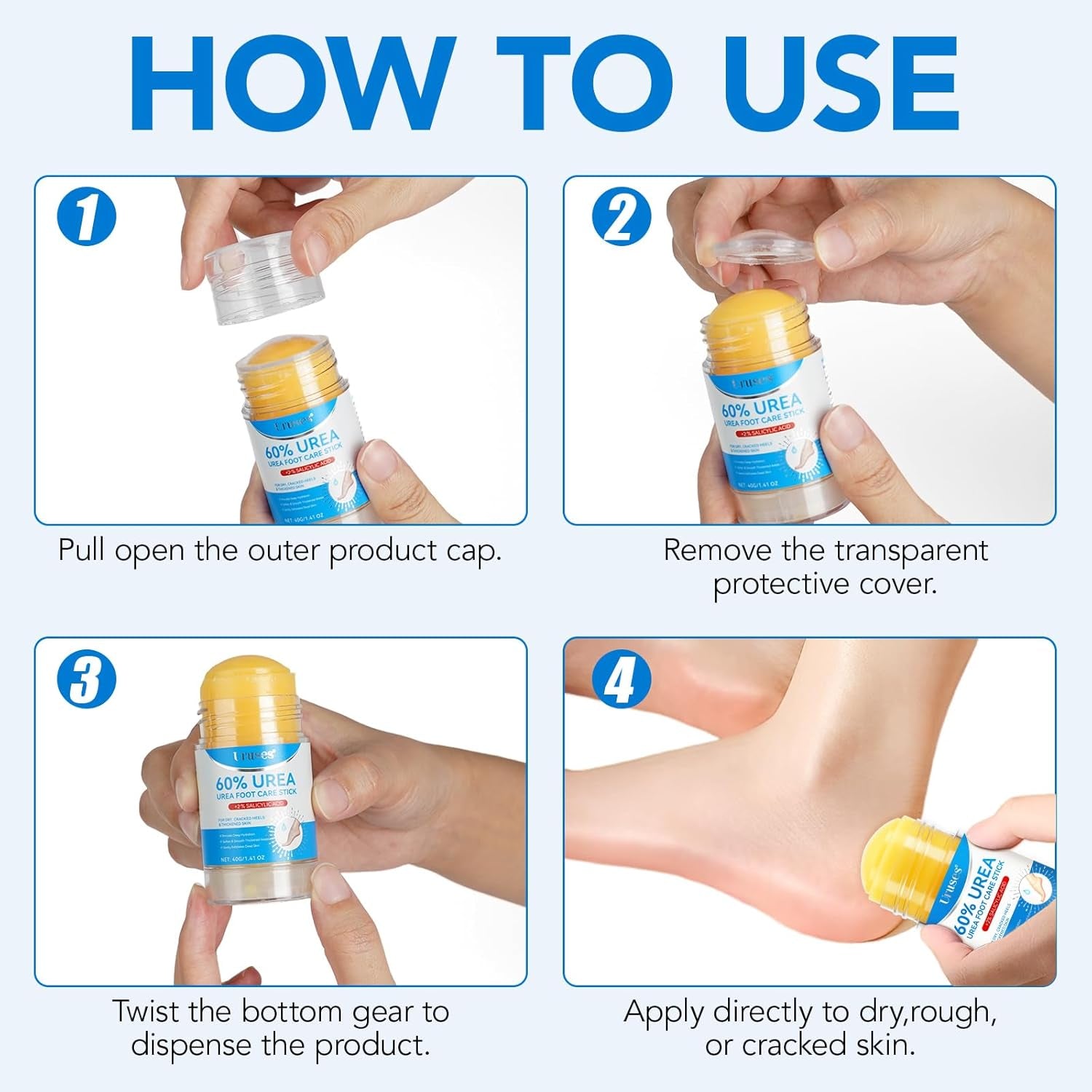 Uruses 3Pack Urea Cream 60% plus Salicylic Acid 2% Urea Foot Care Stick,Foot Cream for Foot Callus Remover, Feet Moisturizer Stick for Dry Cracked Heels, Hands, Knees,Hydrating Heel Balm, Easy to Use