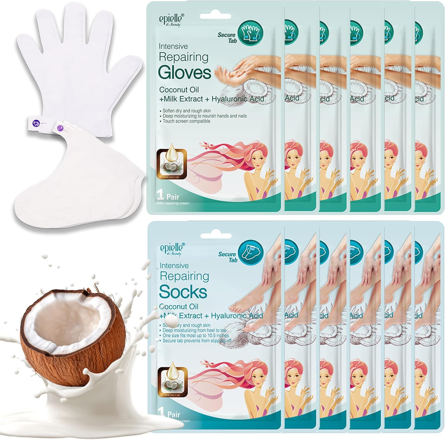 Epielle Intensive Repairing Hand & Foot Masks, Restore and Moisturize Dry, Cracked Skin, Self Care Gifts for Women, Spa Kit, Mothers Day Gifts, 6 Moisturizing Gloves & 6 Moisturizing Socks