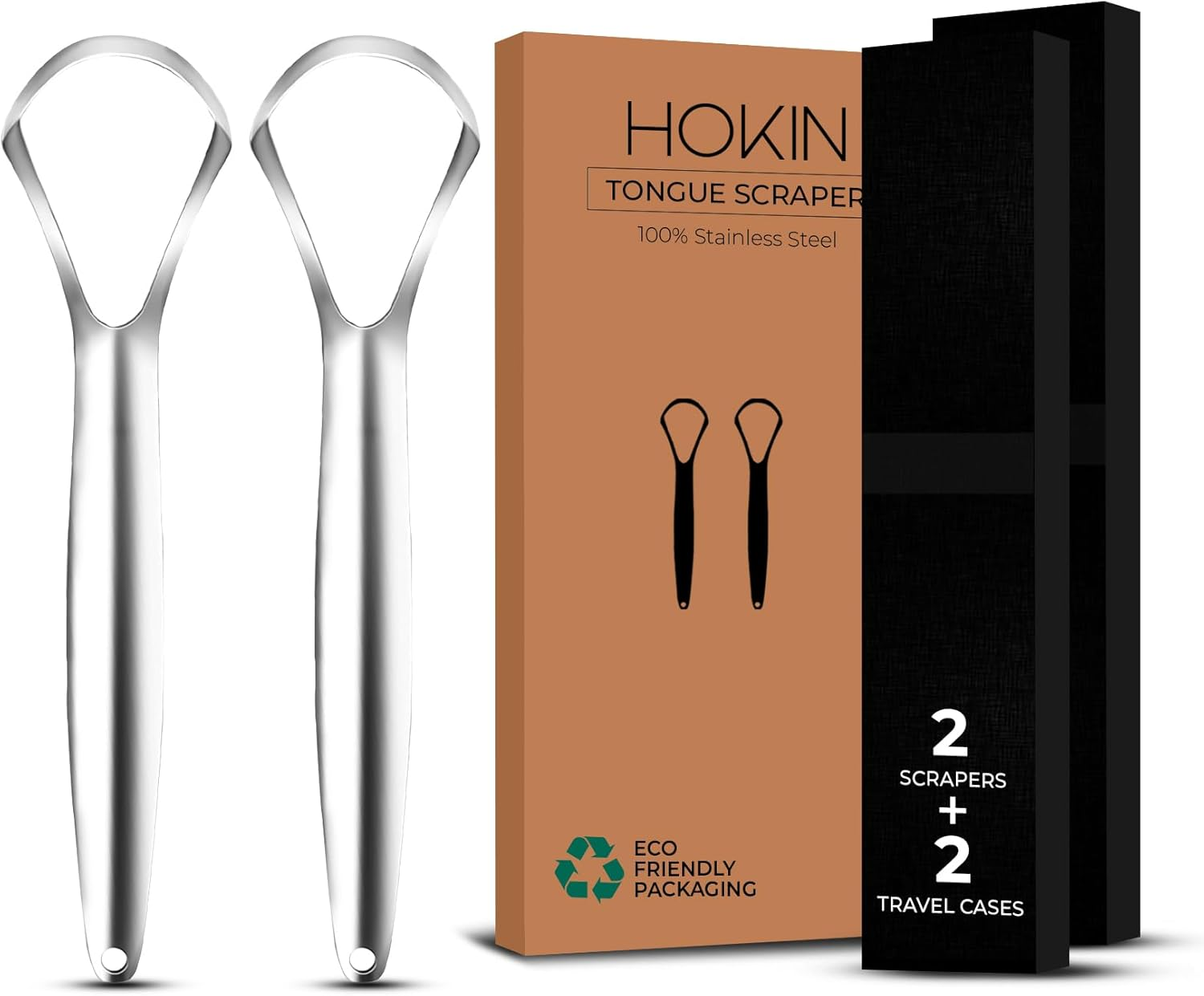 Tongue Scraper for Adults by HOKIN (2Pcs Oral Care Pack) Stainless Steel Tongue Cleaners Reduce Bad Breath 100% Metal Tough Scrapers Men and Women Hygiene Product