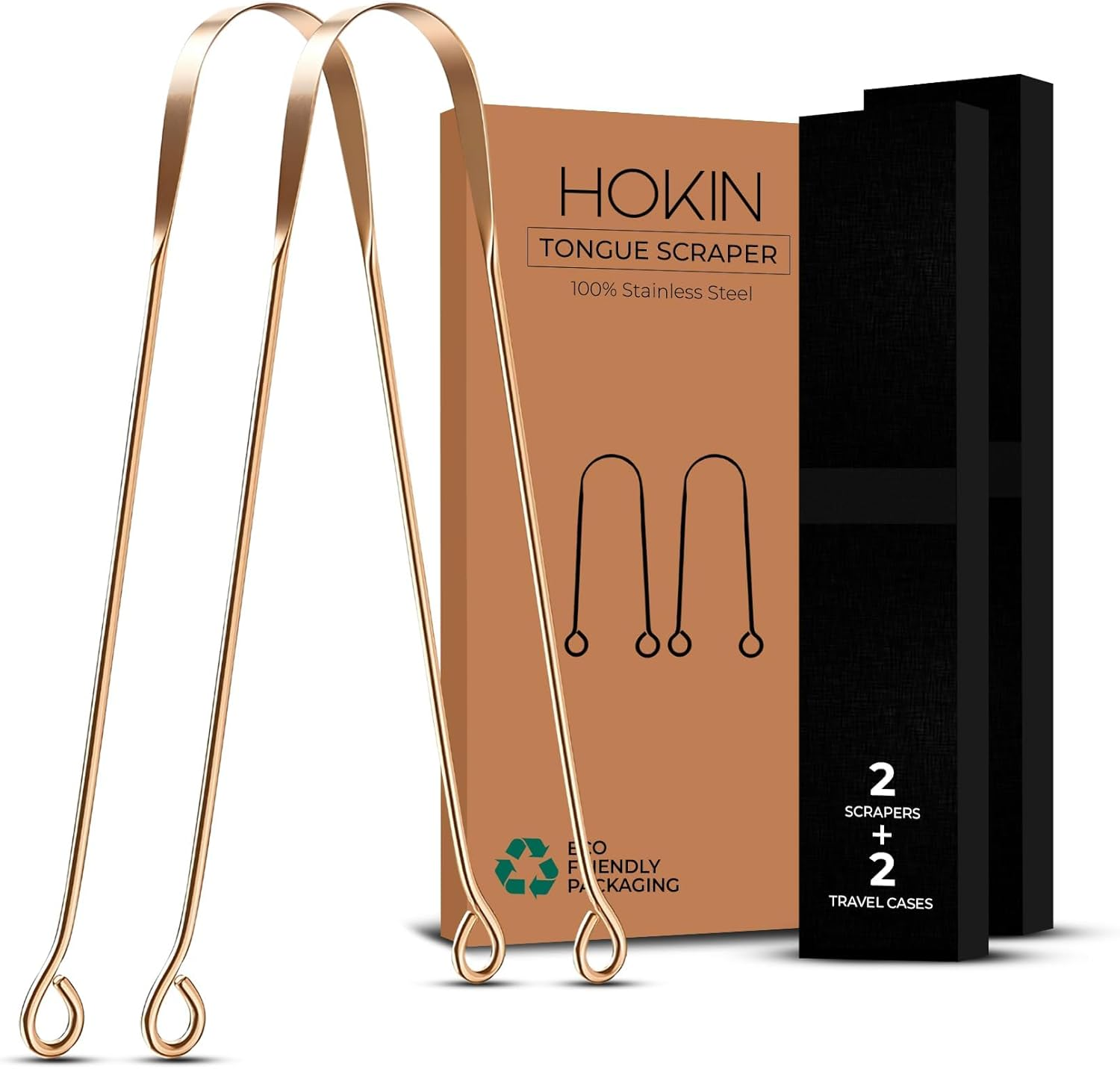 Tongue Scraper for Adults by HOKIN (2Pcs Oral Care Pack) Stainless Steel Tongue Cleaners Reduce Bad Breath 100% Metal Tough Scrapers Men and Women Hygiene Product