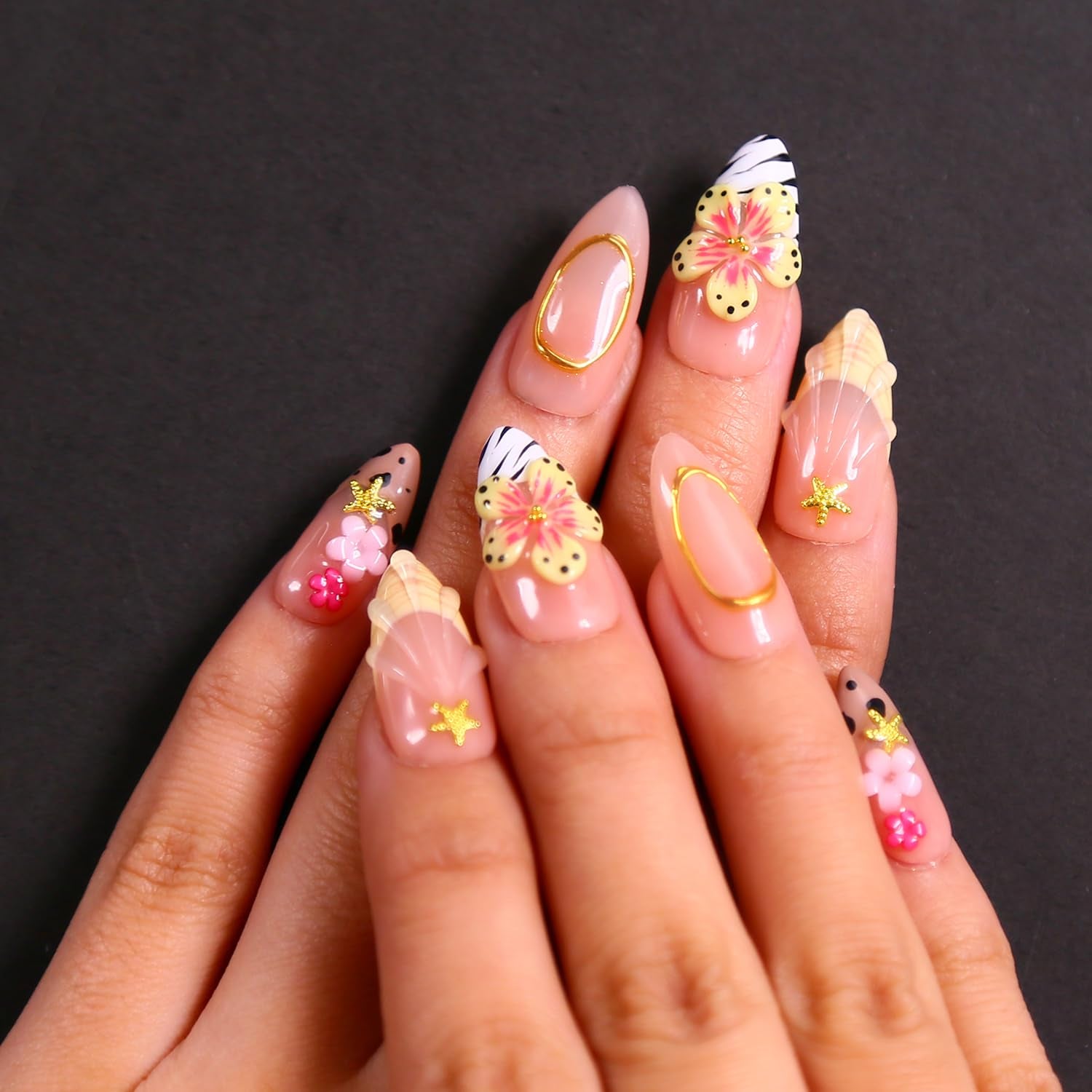 MAGLFELL Salon Press on Nails - 3D Almond Handmade Unique French Fake Nails, Thick Acrylic and Muti-Layer Gel False Nails, Reusable Gel Cured Durable Press Ons (Size S)