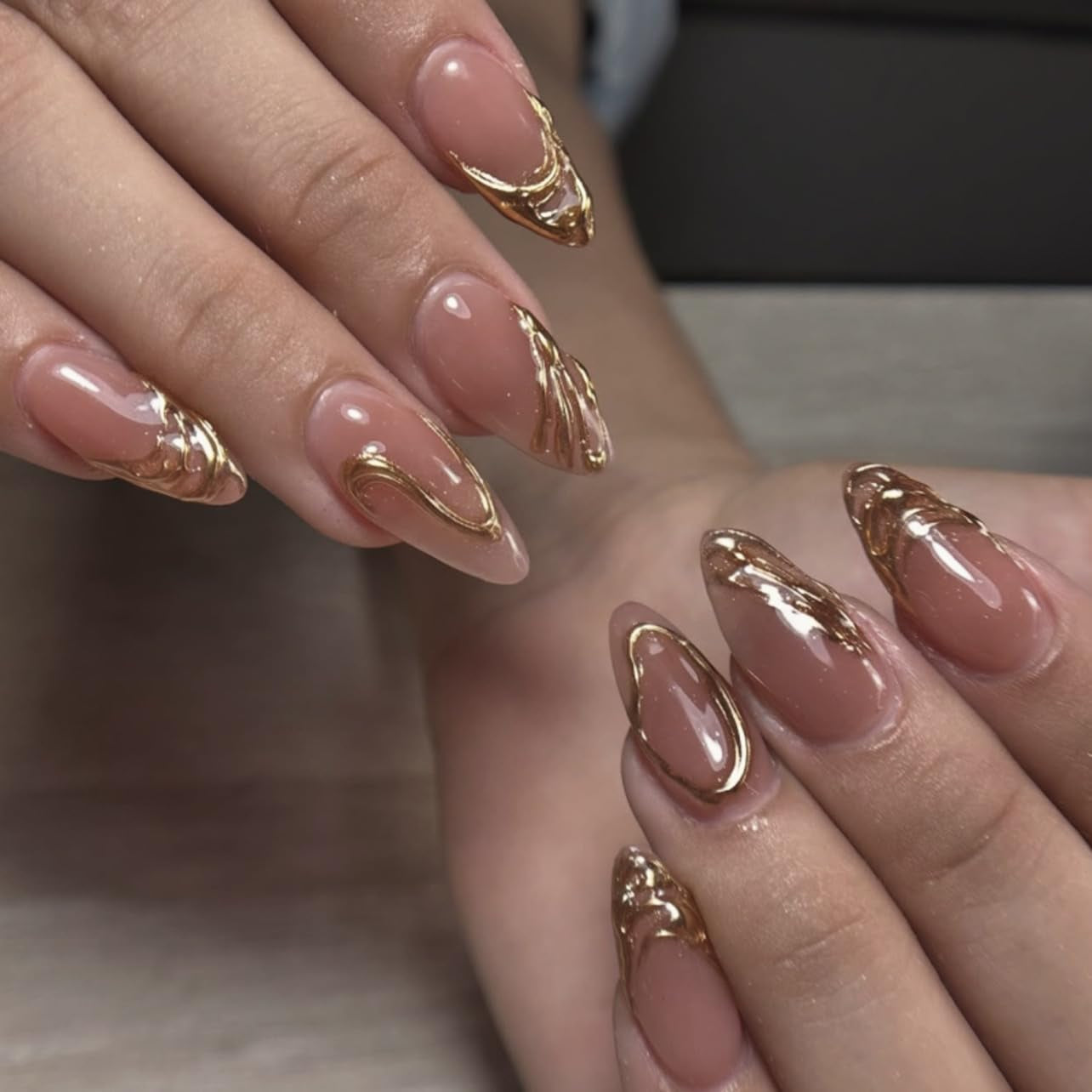 CTTHNBD Press on Nails Almond - French Tip Fake Nails with Gold Line Design - Medium Fasle Nails Press Ons - for Women 24 Pcs