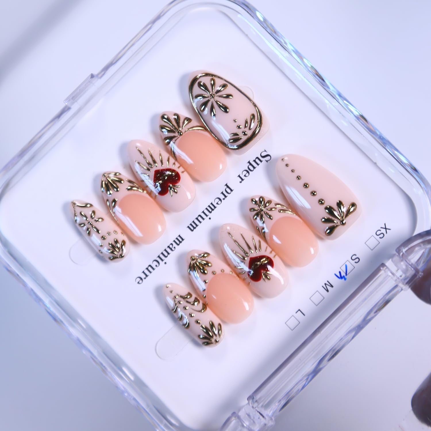 MAGLFELL Salon Press on Nails - 3D Almond Handmade Unique French Fake Nails, Thick Acrylic and Muti-Layer Gel False Nails, Reusable Gel Cured Durable Press Ons (Size S)