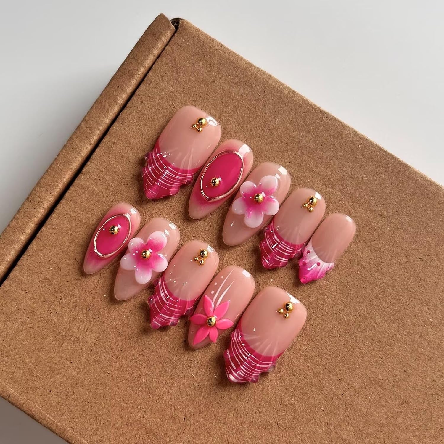 MAGLFELL Salon Press on Nails - 3D Almond Handmade Unique French Fake Nails, Thick Acrylic and Muti-Layer Gel False Nails, Reusable Gel Cured Durable Press Ons (Size S)