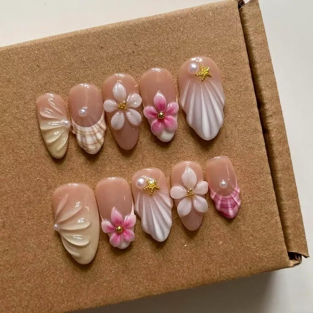 MAGLFELL Salon Press on Nails - 3D Almond Handmade Unique French Fake Nails, Thick Acrylic and Muti-Layer Gel False Nails, Reusable Gel Cured Durable Press Ons (Size S)