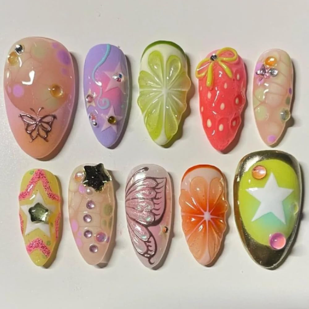MAGLFELL Salon Press on Nails - 3D Almond Handmade Unique French Fake Nails, Thick Acrylic and Muti-Layer Gel False Nails, Reusable Gel Cured Durable Press Ons (Size S)