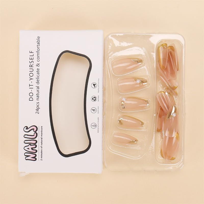 CTTHNBD Press on Nails Almond - French Tip Fake Nails with Gold Line Design - Medium Fasle Nails Press Ons - for Women 24 Pcs
