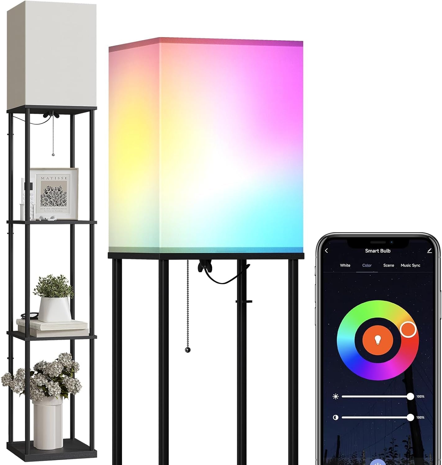 SUNMORY 5 Tier Floor Lamp with Shelves, Modern Square Standing Lamp with 3 Color Temperature Bulb, Corner Display Bookshelf Lamp for Living Room and Bedroom, Tall Shelf Floor Lamp