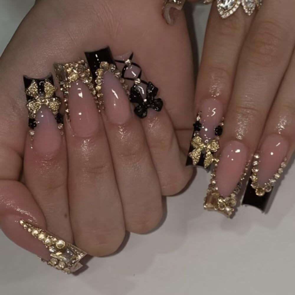 MAGLFELL Salon Press on Nails - 3D Almond Handmade Unique French Fake Nails, Thick Acrylic and Muti-Layer Gel False Nails, Reusable Gel Cured Durable Press Ons (Size S)