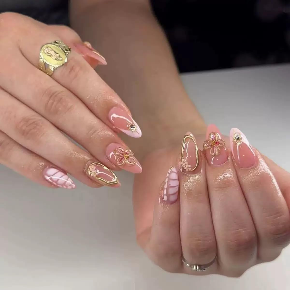 CTTHNBD Press on Nails Almond - French Tip Fake Nails with Gold Line Design - Medium Fasle Nails Press Ons - for Women 24 Pcs