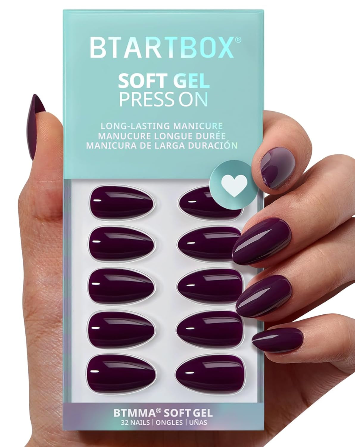 Btartbox Press on Nails Almond - Pastel Purple Short Press on Nails with Glue for Women, Opaque Soft Gel Glue on Nails in 16 Sizes - 32 Stick on Nails Kit, Satin Memo