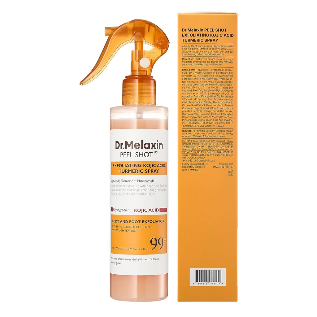 Dr.Melaxin Body Keratin Care Kojic Acid Turmeric Spray with AHA & PHA, Gentle Body Brightening & Exfoliating Peeling Solution for Dead Skin Cells & Texture, Korean Skincare, 6.76 Fl.Oz