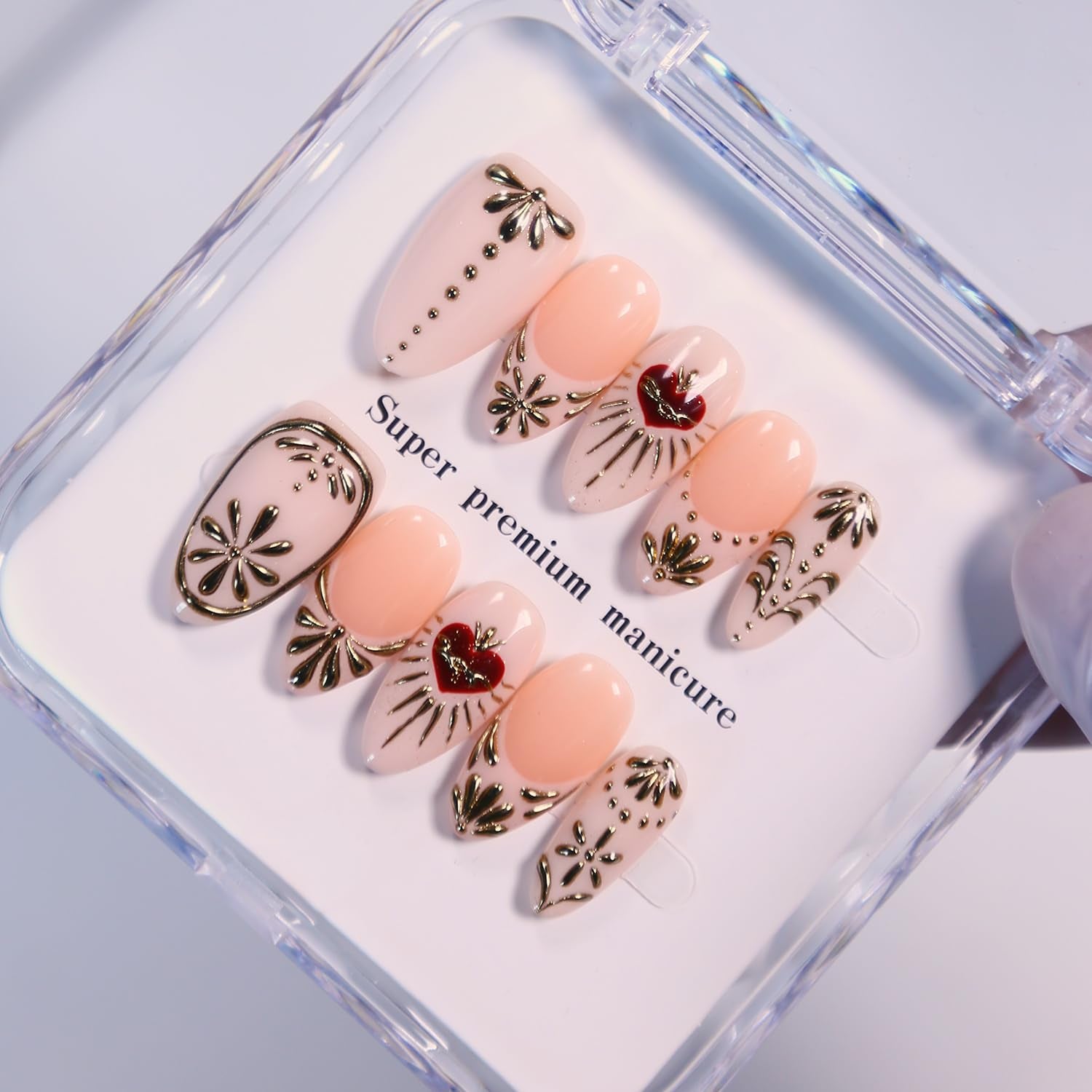 MAGLFELL Salon Press on Nails - 3D Almond Handmade Unique French Fake Nails, Thick Acrylic and Muti-Layer Gel False Nails, Reusable Gel Cured Durable Press Ons (Size S)