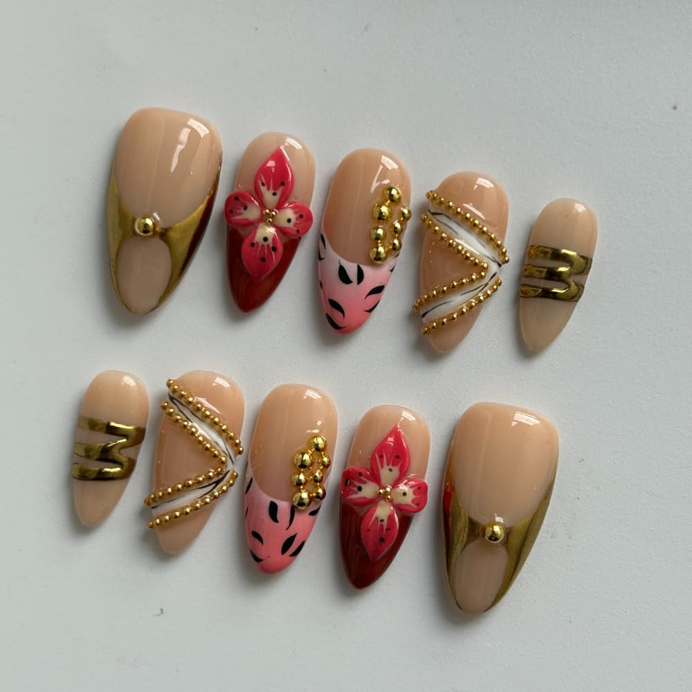 MAGLFELL Salon Press on Nails - 3D Almond Handmade Unique French Fake Nails, Thick Acrylic and Muti-Layer Gel False Nails, Reusable Gel Cured Durable Press Ons (Size S)
