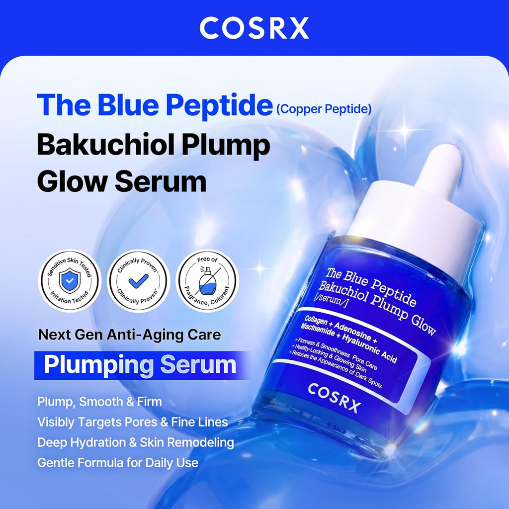 COSRX the Blue Peptide Bakuchiol Plump Glow Serum, Korean Peptide Plumping Serum for Face, Ghk-Cu Copper Peptides, Bakuchiol, Anti-Aging & Firming, Korean Skin Care, Mothers Day Gifts, 1.69 Fl Oz