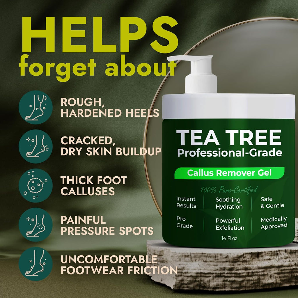 Callus Remover for Feet | Extra Strength Callus Remover Gel for Feet with Tea Tree Oil | Professional-Grade Pedicure Treatment | 50 Applications per Bottle, Includes 3 Pumice Stones | 14 Fl Oz
