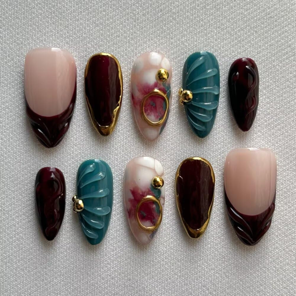 MAGLFELL Salon Press on Nails - 3D Almond Handmade Unique French Fake Nails, Thick Acrylic and Muti-Layer Gel False Nails, Reusable Gel Cured Durable Press Ons (Size S)