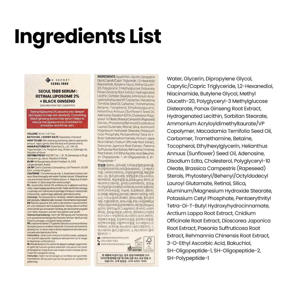 K-SECRET SEOUL 1988 Retinal Serum – Formulated with Advanced Retinal Liposome 2% and 58% Black Ginseng Extract | Fine Lines and Skin Texture Care Serum | Korean Skincare, 30Ml / 1.01 Fl Oz