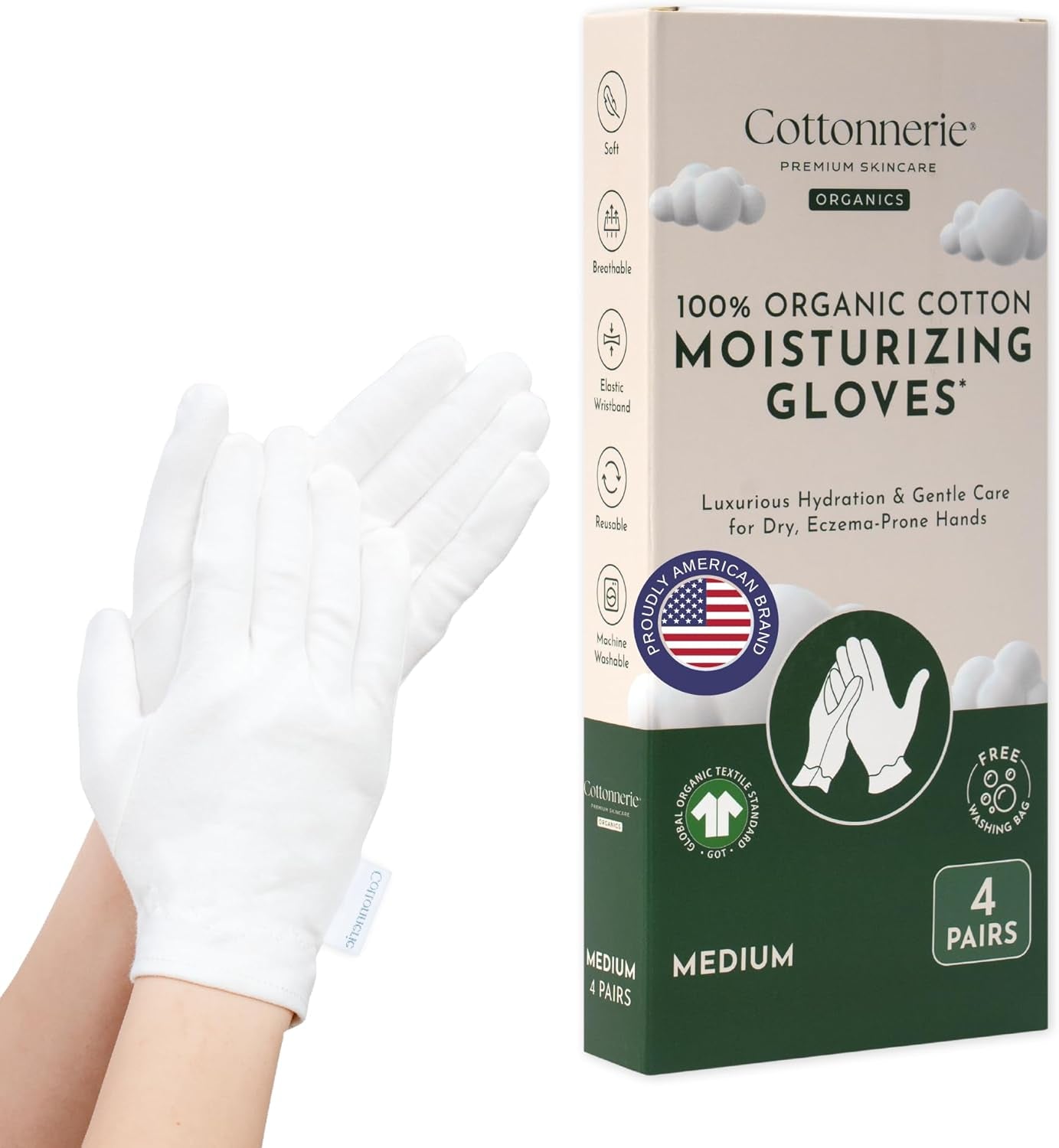4 Pairs Cottonnerie Organic Cotton Gloves for Dry Hands Sleeping, Moisturizing Gloves Overnight, Hand Moisturizer Gloves, Moisture Gloves for Dry Hands Overnight, Sleeping Gloves, Medium