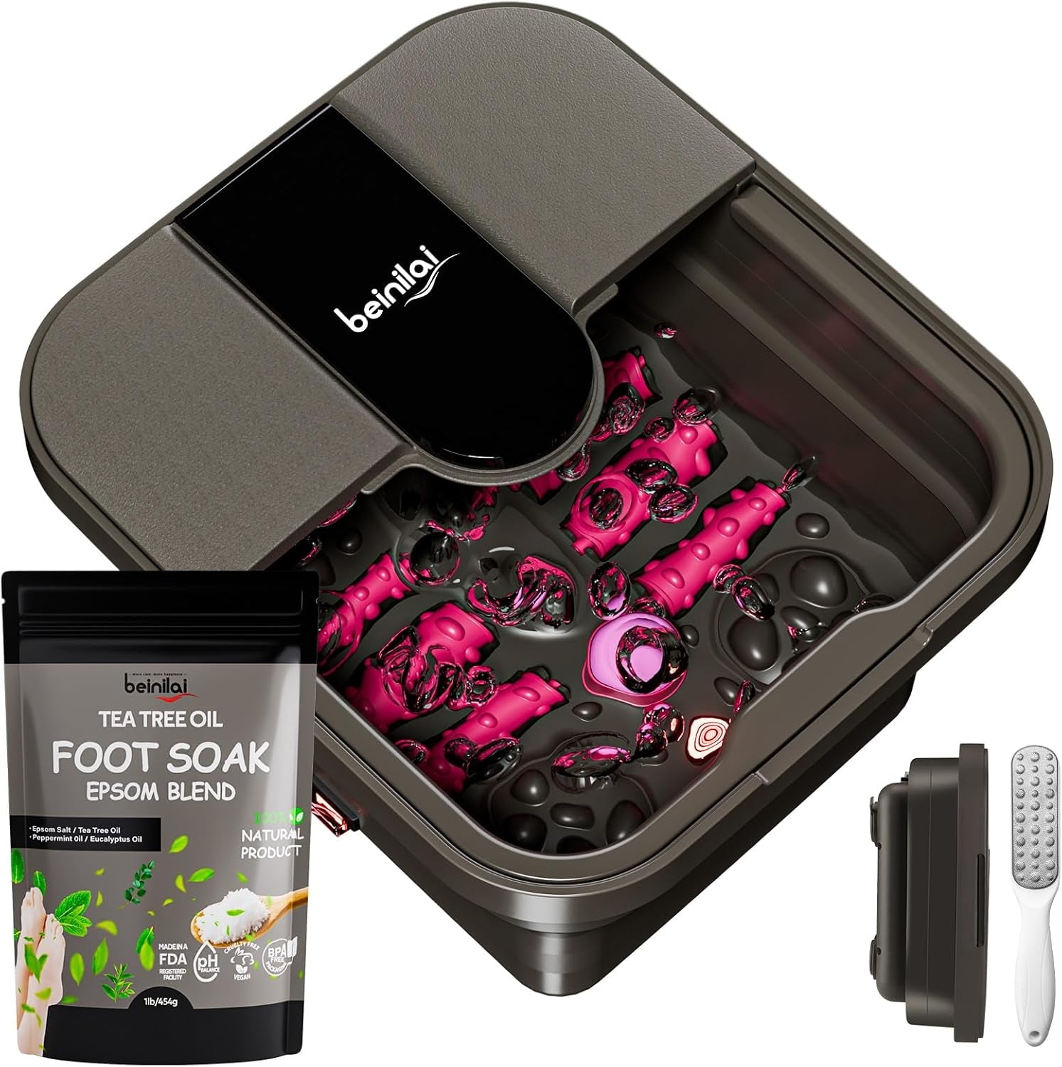 Beinilai Collapsible Foot Spa,Foot Bath with Heat and Massage and Bubble Jets,Foot Soak Tub with Six Non Motorized Rollers,Acupressure Massage Points,Red Light and Removable Pumice Stone