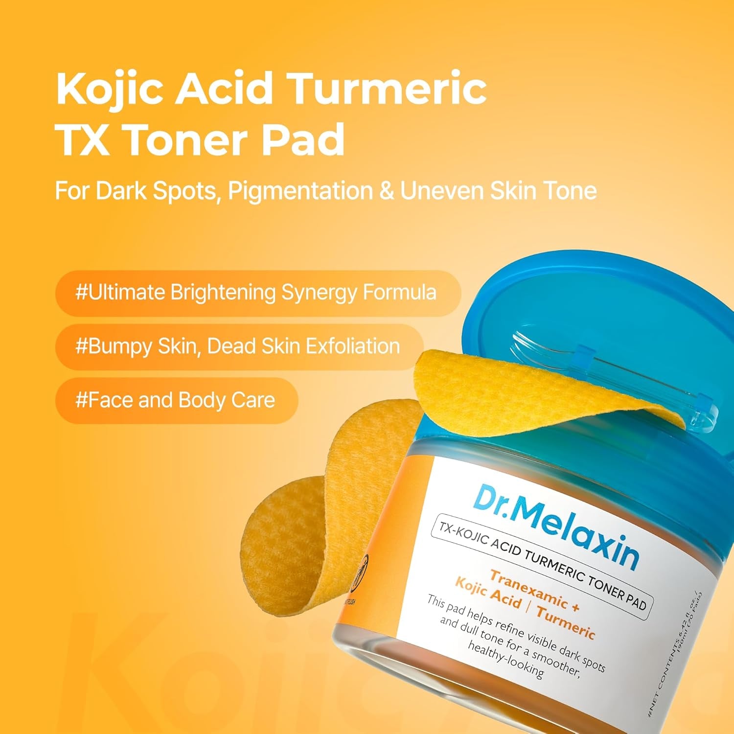Dr.Melaxin TX Kojic Acid Turmeric Toner Pads with Tranexamic Acid, Brightening Toner Pad for Pigmentation & Dark Spot Care, Gentle Keratin Care for Radiant Skin, Korean Skincare, 70 Sheets