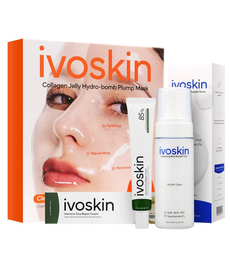 IVOSKIN Hydrating & Repairing Korean Skincare Set | Rice Milky Bubble Toner + Intensive Cica Repair Cream + Collagen Jelly Hydro Mask | for Sensitive Skin