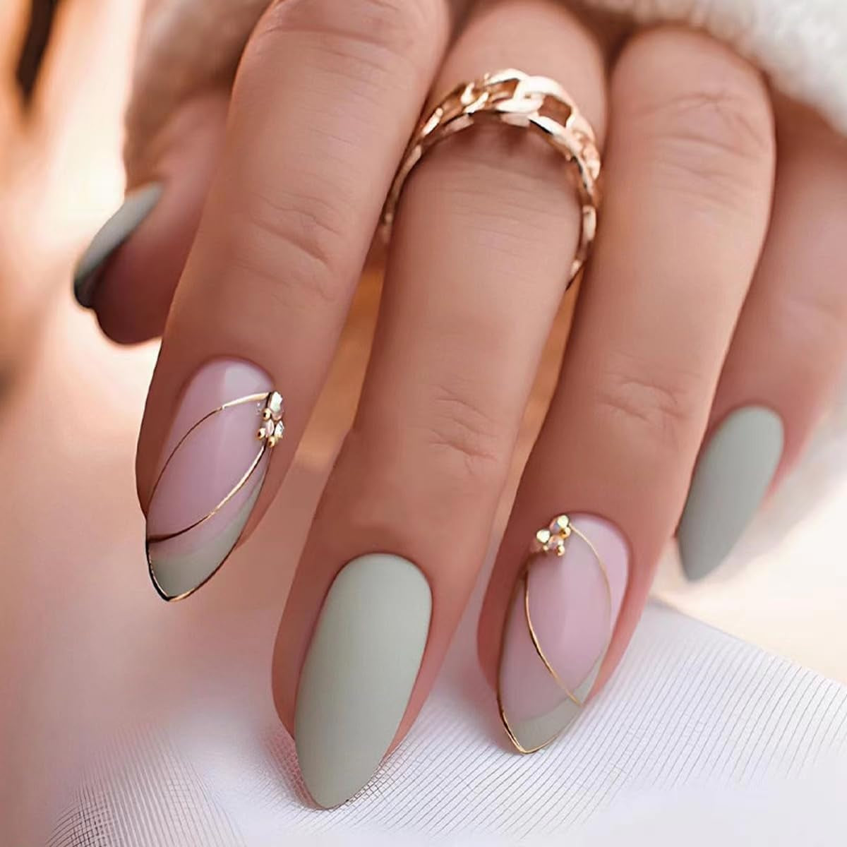 CTTHNBD Press on Nails Almond - French Tip Fake Nails with Gold Line Design - Medium Fasle Nails Press Ons - for Women 24 Pcs