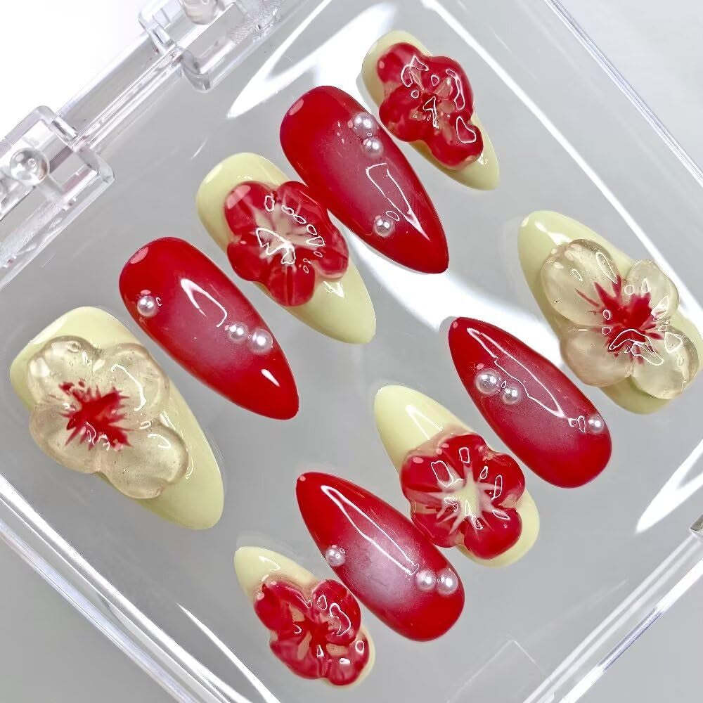 MAGLFELL Salon Press on Nails - 3D Almond Handmade Unique French Fake Nails, Thick Acrylic and Muti-Layer Gel False Nails, Reusable Gel Cured Durable Press Ons (Size S)