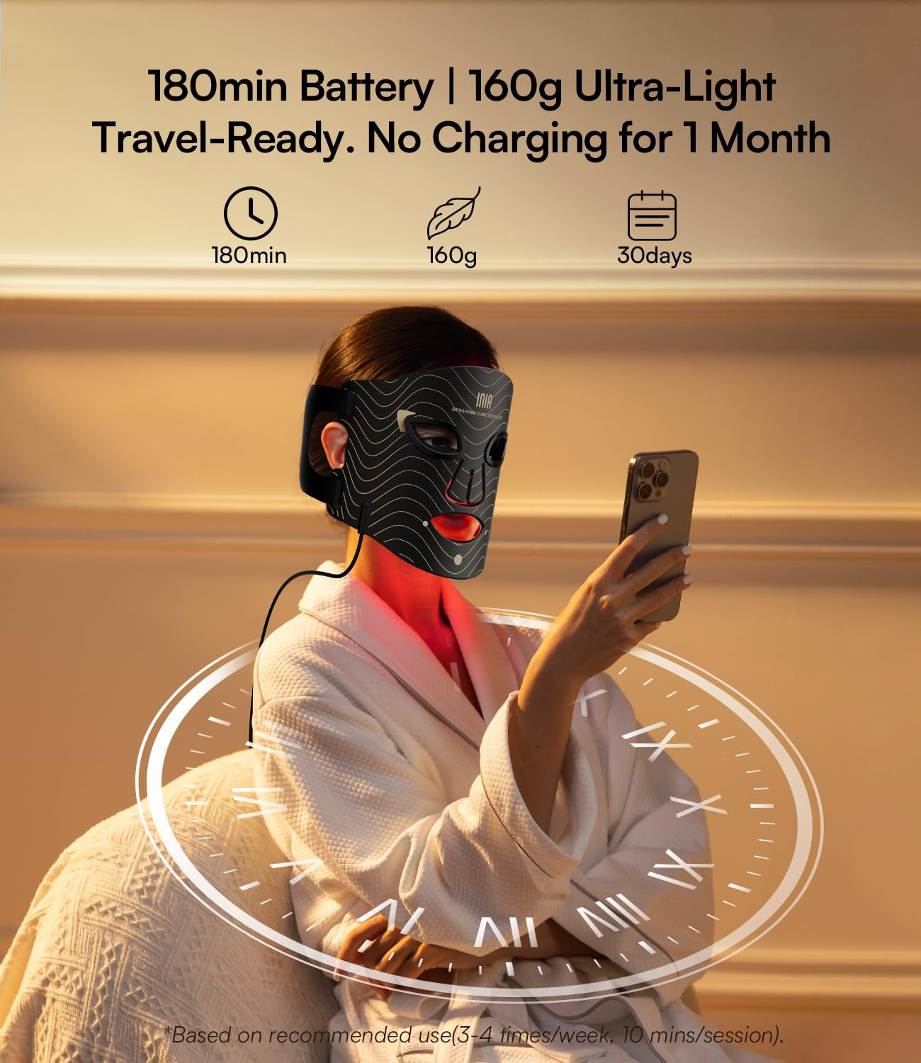 INIA Red Light Therapy Mask for Face – 4 Light Modes with 850Nm NIR, Red & Blue LED Light Therapy, 2600Mah Rechargeable LED Face Mask for Radiant Glow at Home, Black