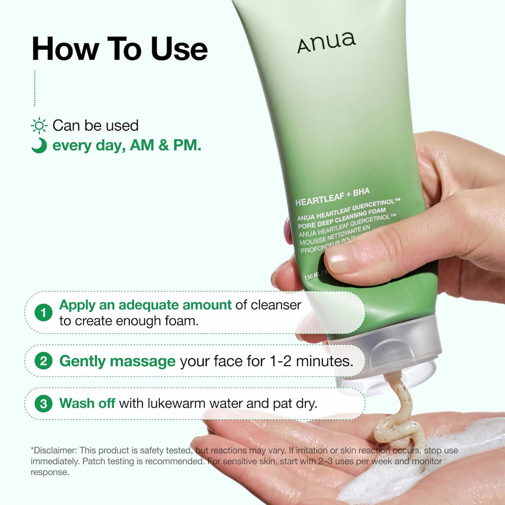 Anua Heartleaf Quercetinol Pore Deep Cleansing Foam, Face Wash for Pore Refining Cleanser, Hydrating Daily Facial Cleanser for Double Cleansing, Gentle Foaming with BHA, Korean Skincare, 5.07 Fl.Oz.
