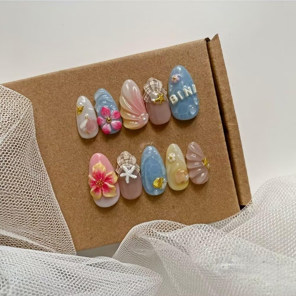 MAGLFELL Salon Press on Nails - 3D Almond Handmade Unique French Fake Nails, Thick Acrylic and Muti-Layer Gel False Nails, Reusable Gel Cured Durable Press Ons (Size S)