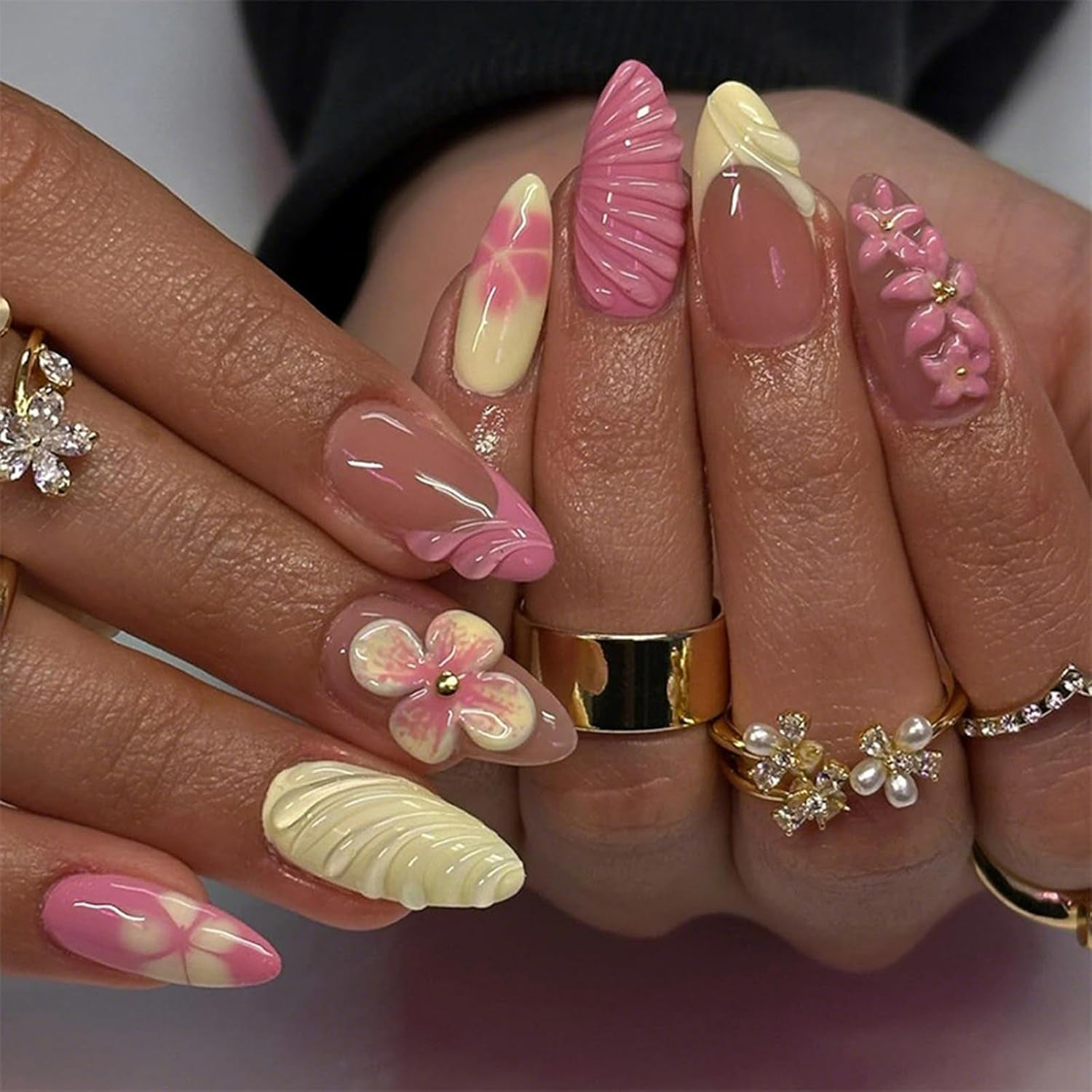 24Pcs Medium Almond Press on Nails French Tip Fake Nails with Brown Leopard Gold Line Design Glossy Reusable False Nail Artificial Acrylic Nails Press Ons Holiday Stick on Nails for Women DIY Manicure