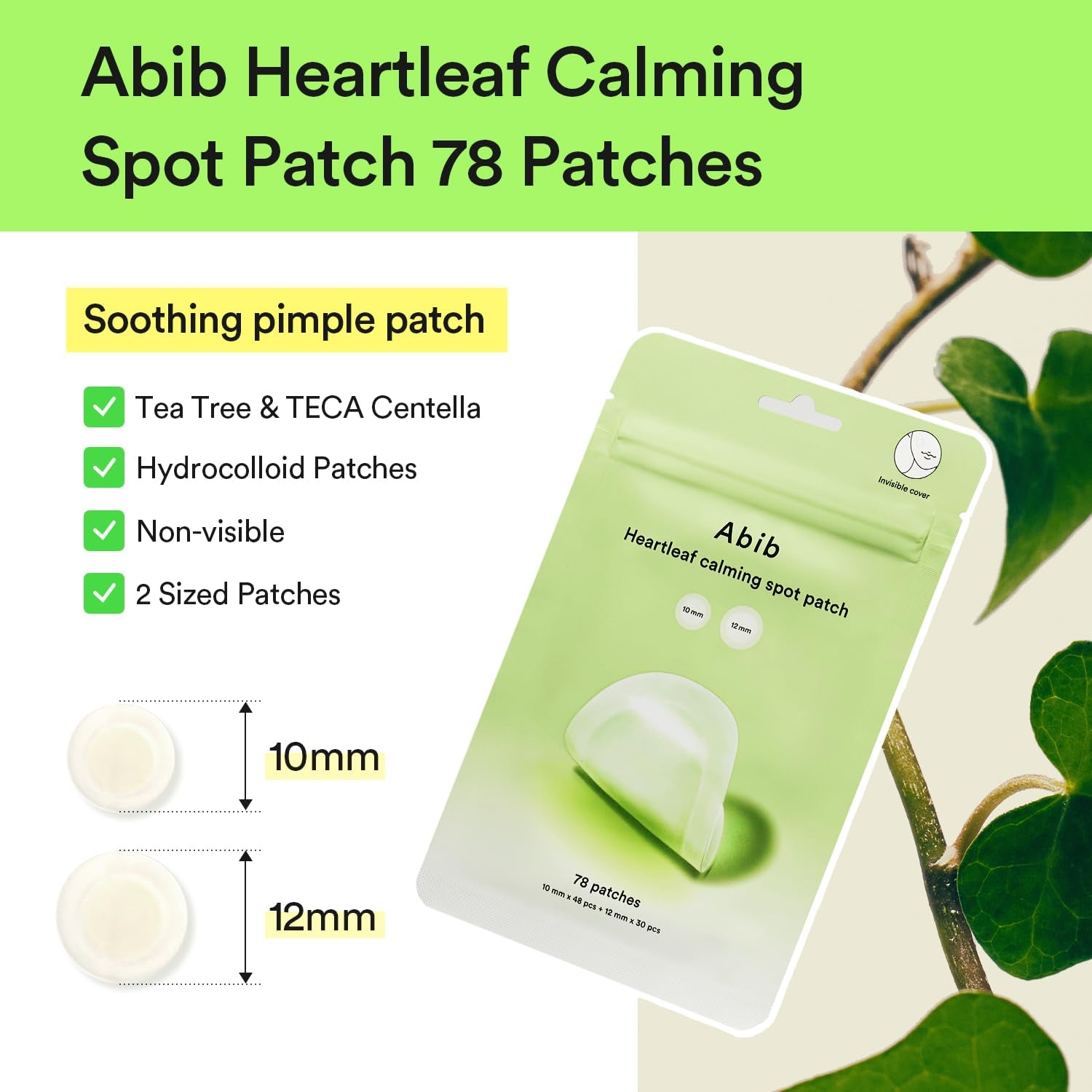 Abib Heartleaf Calming Spot Patch 2 Sizes 78 Patches, Waterproof Pimple Patches for Face, Invisible, Ultra-Adherent & Fast-Soothing Zit Care (10Mm*48Pcs / 12Mm*30Pcs)