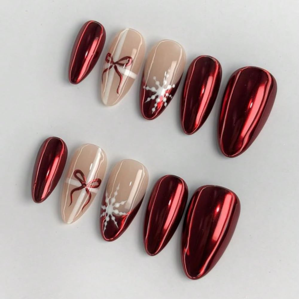 MAGLFELL Salon Press on Nails - 3D Almond Handmade Unique French Fake Nails, Thick Acrylic and Muti-Layer Gel False Nails, Reusable Gel Cured Durable Press Ons (Size S)