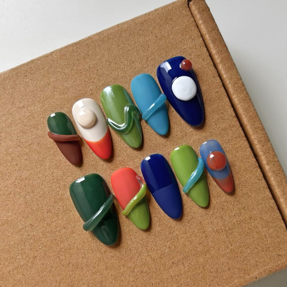 MAGLFELL Salon Press on Nails - 3D Almond Handmade Unique French Fake Nails, Thick Acrylic and Muti-Layer Gel False Nails, Reusable Gel Cured Durable Press Ons (Size S)