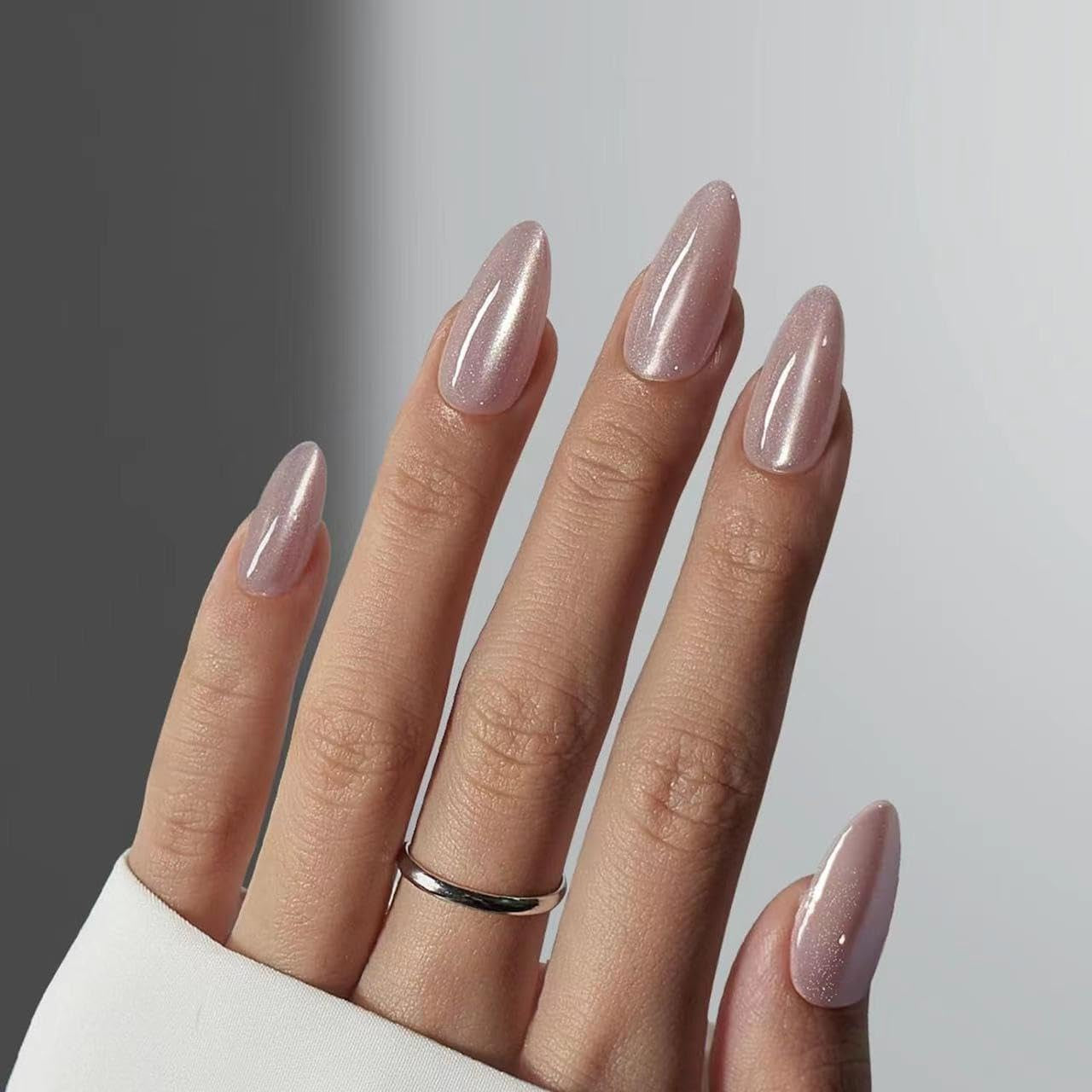 CTTHNBD Press on Nails Almond - French Tip Fake Nails with Gold Line Design - Medium Fasle Nails Press Ons - for Women 24 Pcs