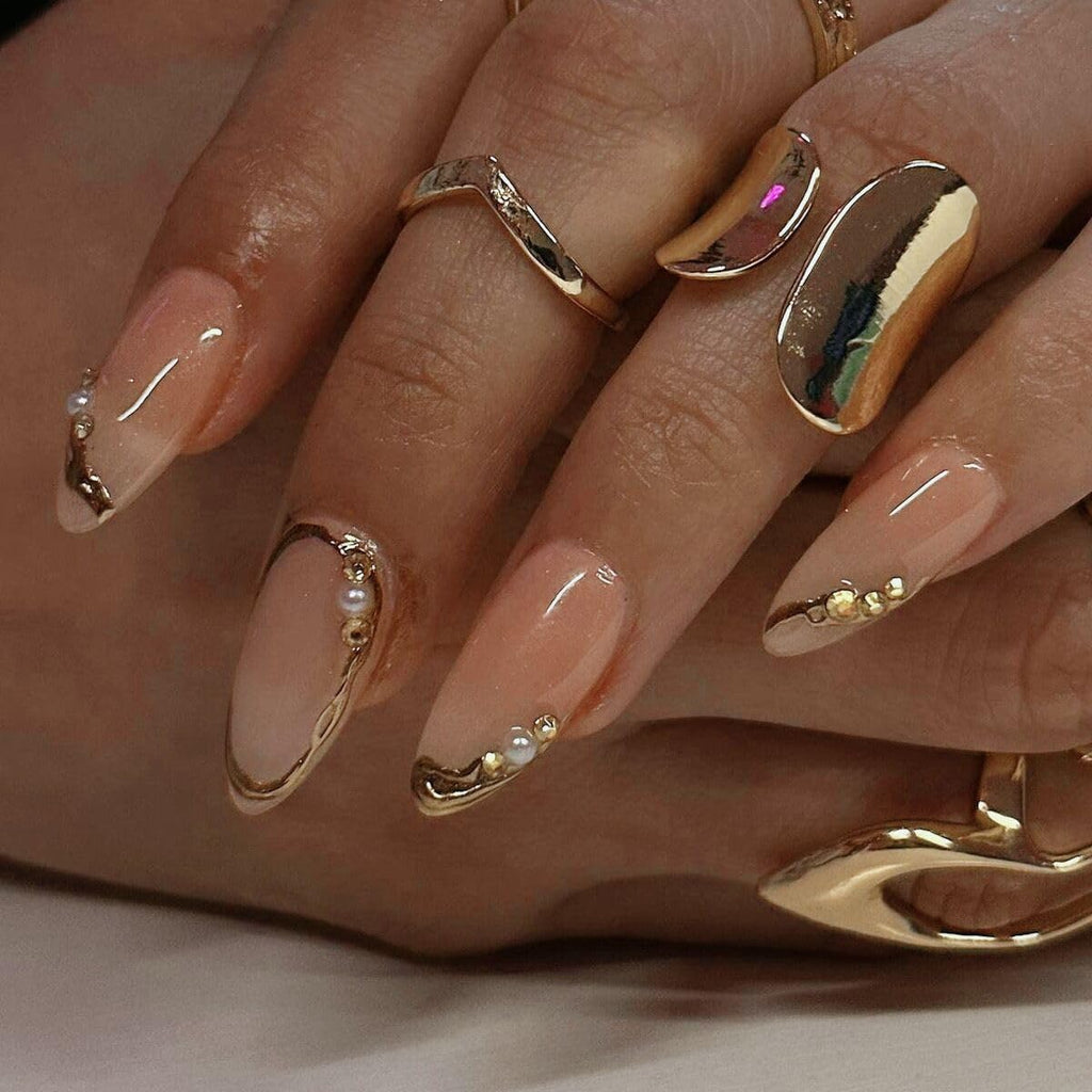 CTTHNBD Press on Nails Almond - French Tip Fake Nails with Gold Line Design - Medium Fasle Nails Press Ons - for Women 24 Pcs