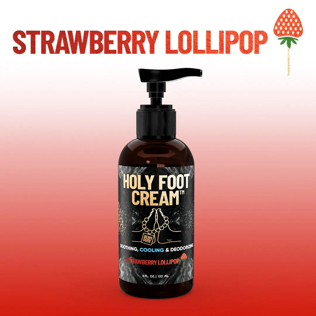 Derm Dude Holy Foot Cream - Moisturizer for Sweaty Smelly & Cracked Heels with Deodorizing Power - Strawberry Lollipop Scent - Hydrating & Antifungal - 100G