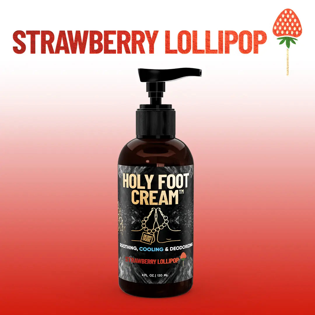 Derm Dude Holy Foot Cream - Moisturizer for Sweaty Smelly & Cracked Heels with Deodorizing Power - Strawberry Lollipop Scent - Hydrating & Antifungal - 100G