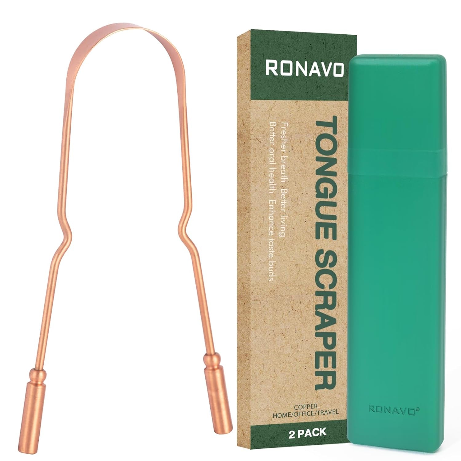 RONAVO Copper Tongue Scraper for Adults (2 Pack), 100% Pure Copper, Naturally Anti-Microbial, Banishes Bad Breath and Maintains Oral Hygiene, Tongue Cleaner with Travel Case, Easy to Use and Clean