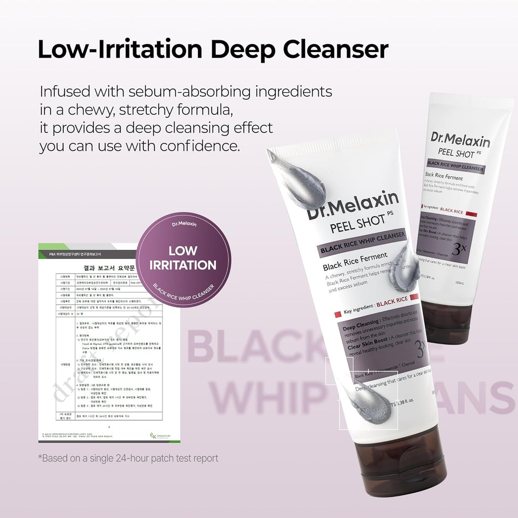Dr.Melaxin Peel Shot Black Rice Mochi Whip Cleanser 100Ml Formulated for Blackheads, Clogged Pores, Excess Sebum, and Dull Skin