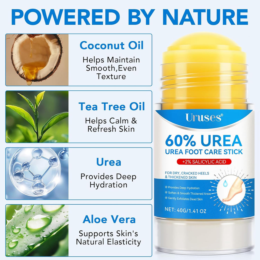 Uruses 3Pack Urea Cream 60% plus Salicylic Acid 2% Urea Foot Care Stick,Foot Cream for Foot Callus Remover, Feet Moisturizer Stick for Dry Cracked Heels, Hands, Knees,Hydrating Heel Balm, Easy to Use